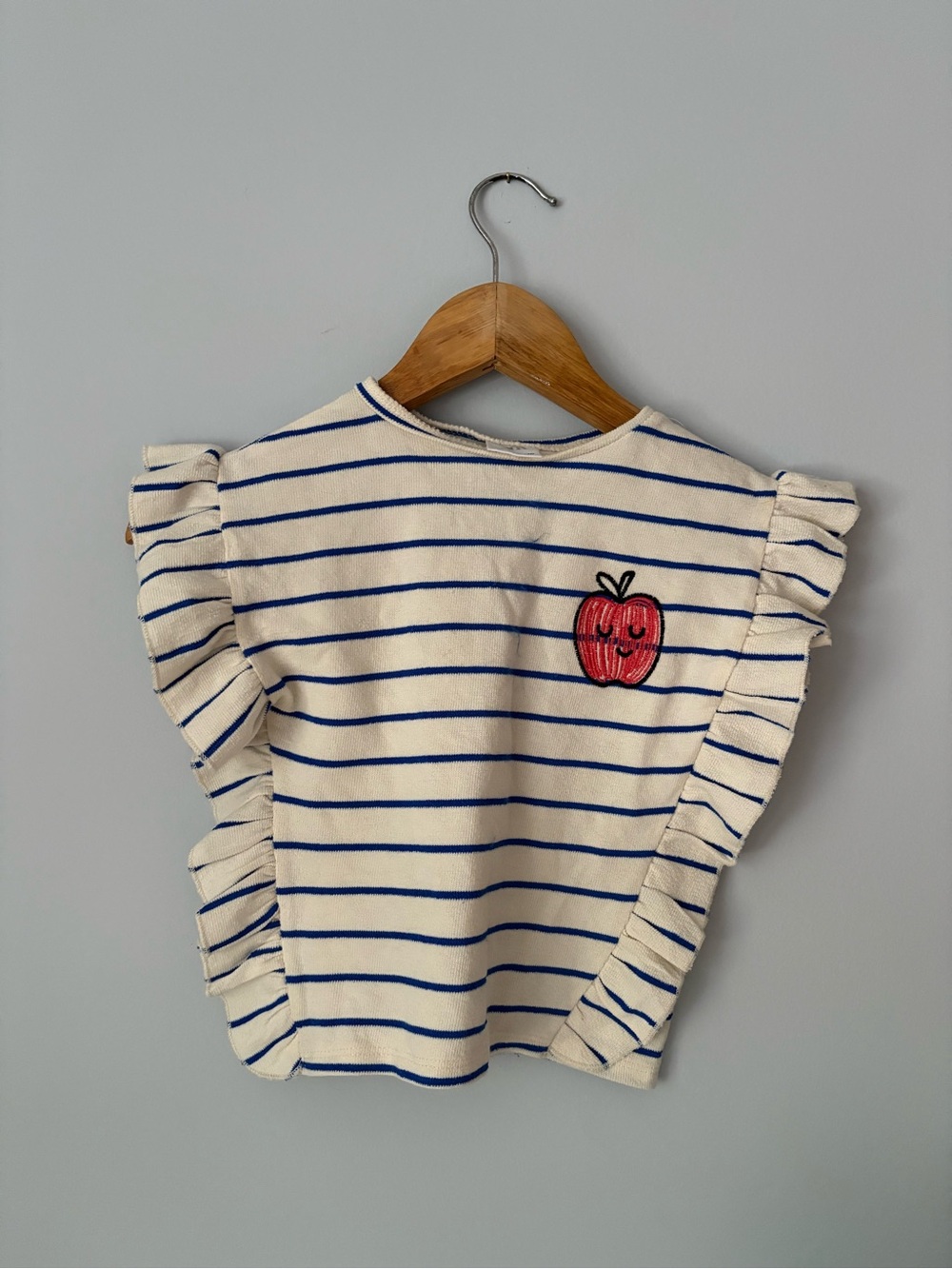 Zara Cream & Blue Striped Ruffle Sleeve Tee with Red Apple Patch